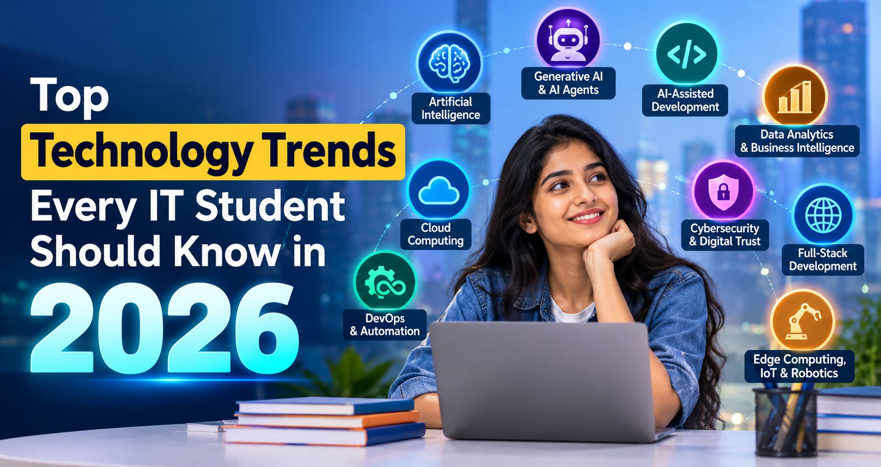 Top Technology Trends Every IT Student Should Know in 2026, including AI, Machine Learning, Generative AI, Data Analytics, Cloud Computing, Cybersecurity, DevOps, and Full Stack Development.